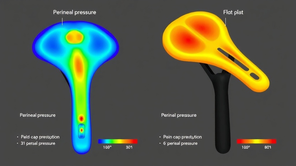 다양한 형태의 안장(Cut-out vs Flat)에 앉았을 때의 압력 분포를 컬러 맵으로 분석하여 회음부 압박 차이를 보여주는 기술 이미지